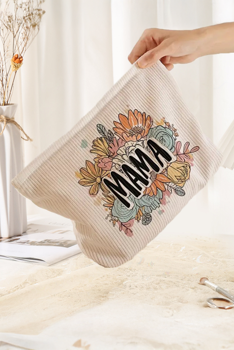 Borsa cosmetica grande in velluto a coste con stampa floreale MAMA bianca BH062203-P101