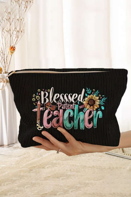 Bolsa de almacenamiento de pana con estampado de flores y lápices de la marca Blessed Teacher, color negro, BH062200-P2