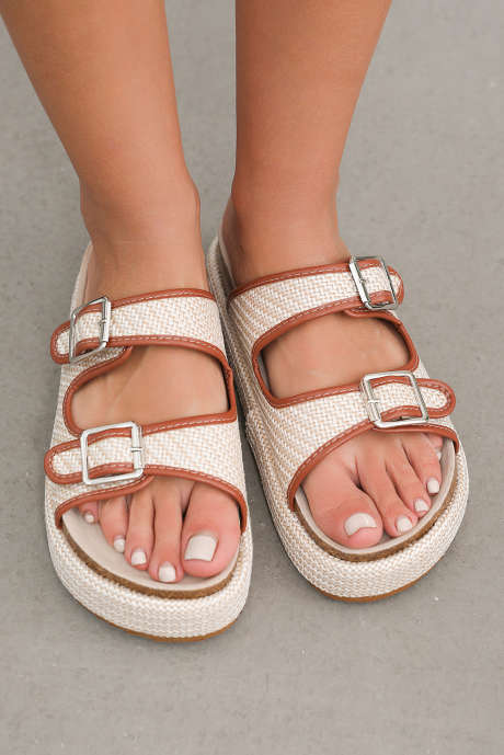 Pantuflas de exterior de suela gruesa con correa de doble hebilla y lino beige BH023914-P15