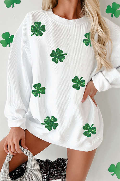 Witte Sequin Clover Patched Drop Shoulder Corded Sweatshirt