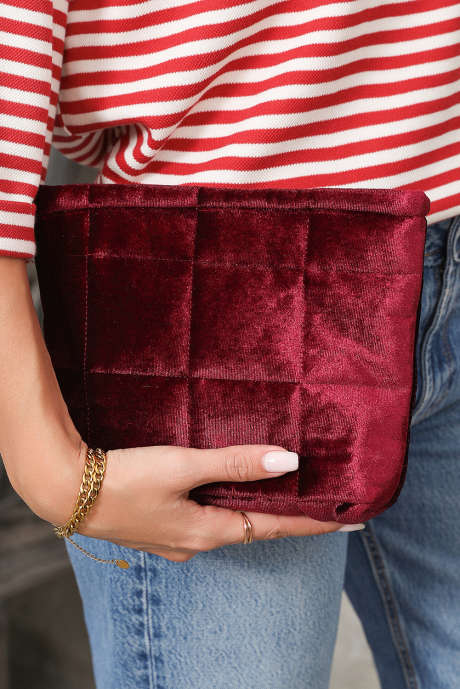 Pochette de rangement zippée en velours matelassé bordeaux BH031383-P503
