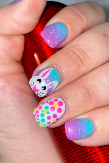 ملصقات أظافر مربعة أنيقة على شكل أرنب من بونبون بنقاط البولكا بمناسبة عيد الفصح BH063093-P3010