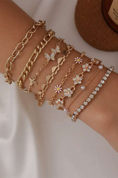 Guld Rhinestone Dekor Butterfly Flower Multi Layer Armband Set
