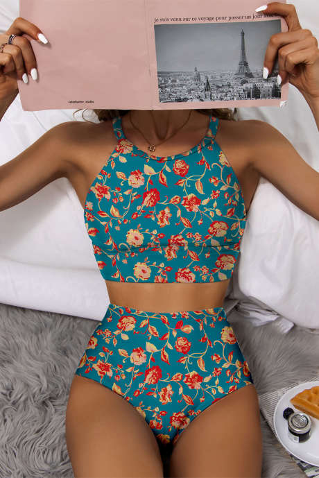 Niebieski kostium kąpielowy bikini z nadrukiem tropikalnych liści i wysokim stanem