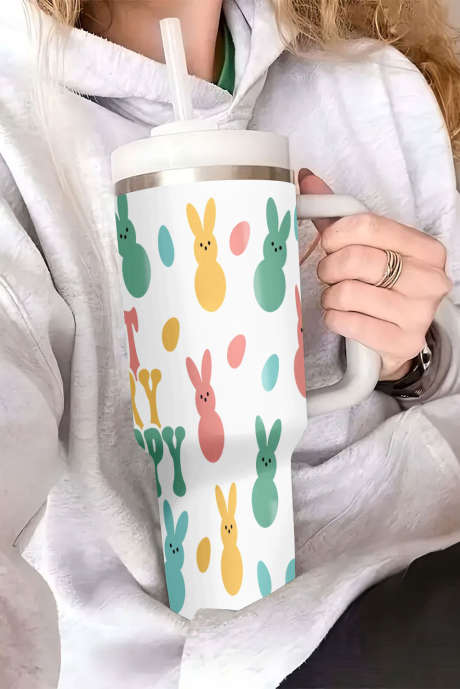 Beli termični kozarec DONT WORRY BE HOPPY s potiskom zajčka 40 oz