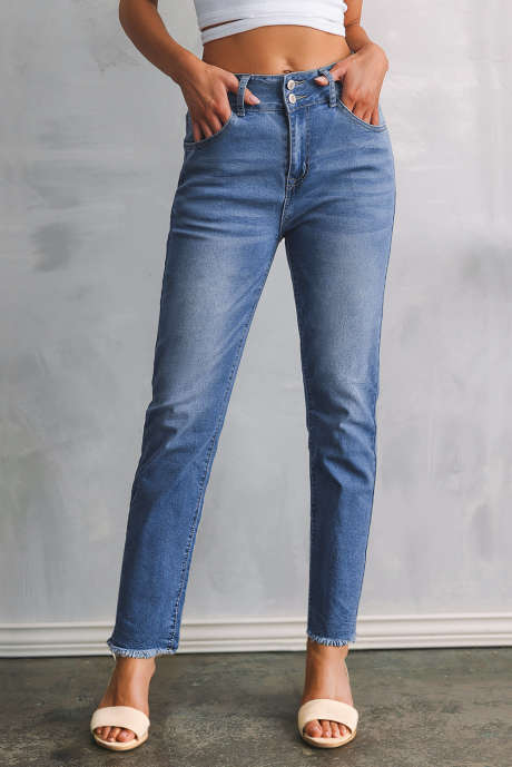 Nebesno modre kavbojke slim fit z dvojnimi gumbi in surovim robom