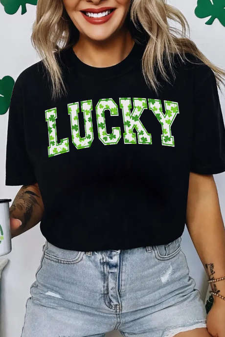 Zwarte Klaver LUCKY Letter Grafische St Patricks Day T-shirt