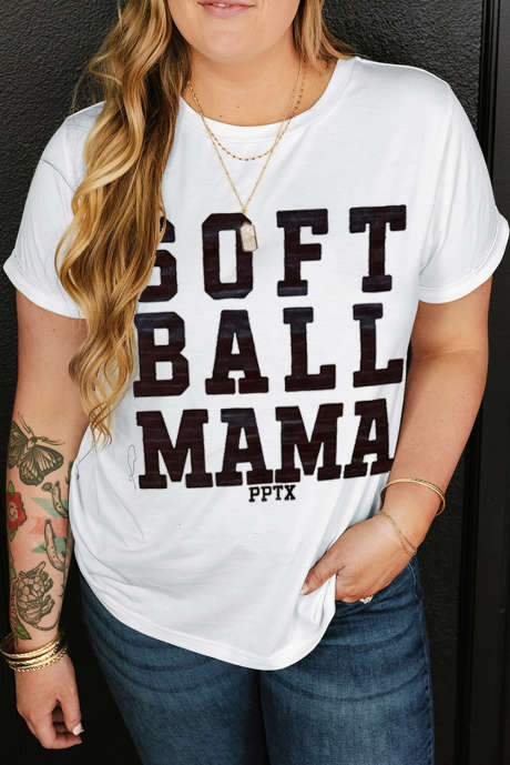 T-shirt ras du cou blanc à imprimé graphique SOFT BALL MAMA, grande taille