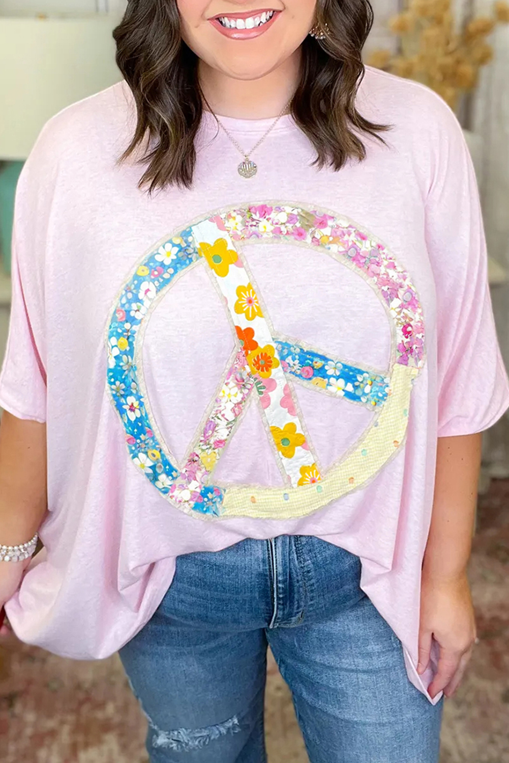 67 Pink Floral Peace Sign Patchwork Plus Size Dolman Tee Wholesale 