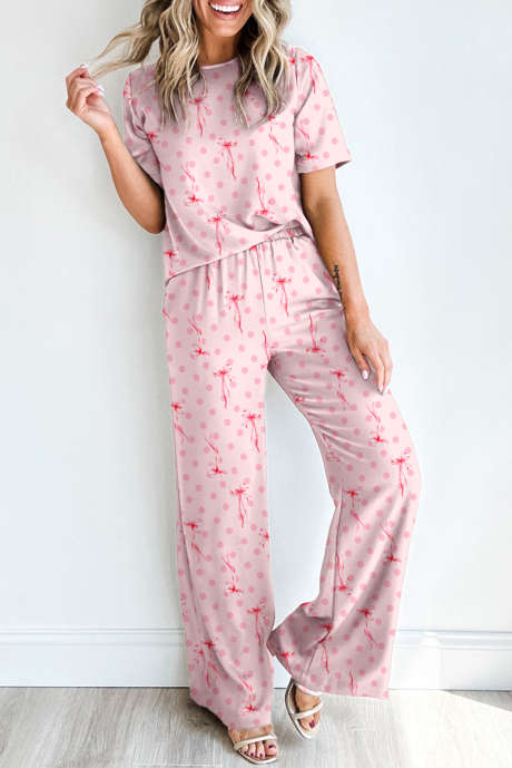 Conjunto de estar por casa con top de manga corta con estampado de lunares y lazo rosa LC151502-P1020