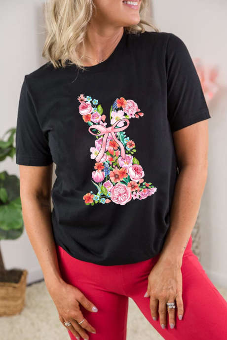 T-shirt alla moda pasquale con grafica coniglio floreale nero LC25228509-2