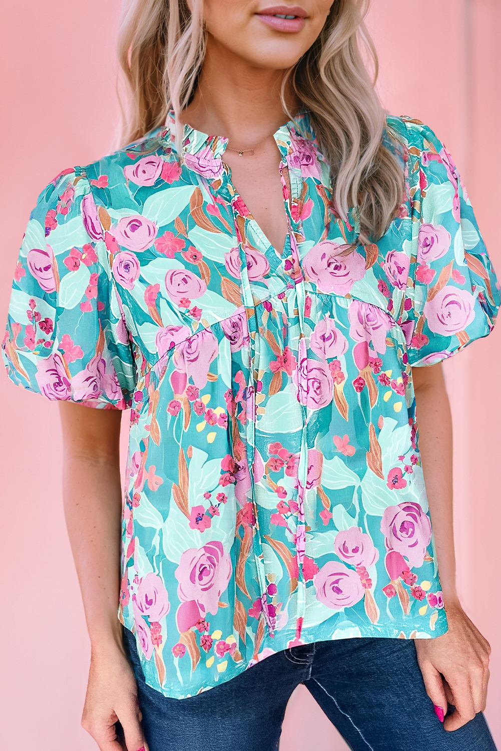 Floral Puff Sleeve Tied Top main image 1