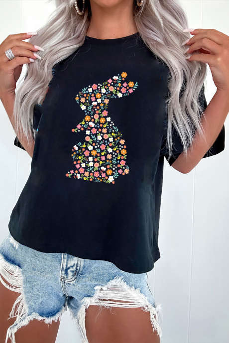 Zwart kleurrijk bloemen konijn grafisch paas T-shirt
