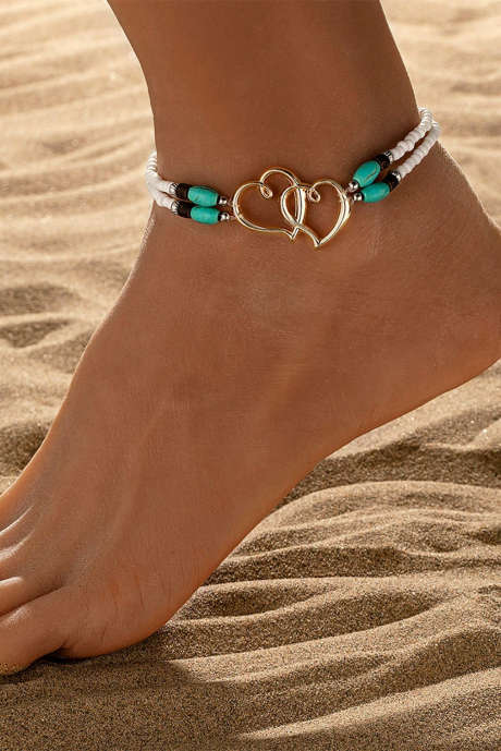 ゴールド ボヘミアン ハートシェイプ ターコイズ ビーズ ストレッチ アンクレット BH011332-P12