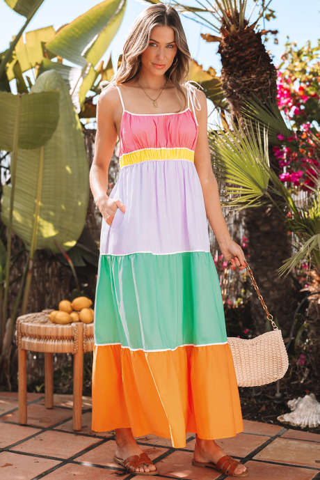 Robe longue fluide à taille haute avec bretelles à nouer et poches, multicolore