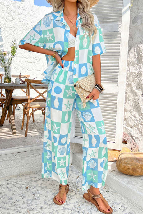 Sky Blue Shell Print Half Sleeve Shirt and Pants Set