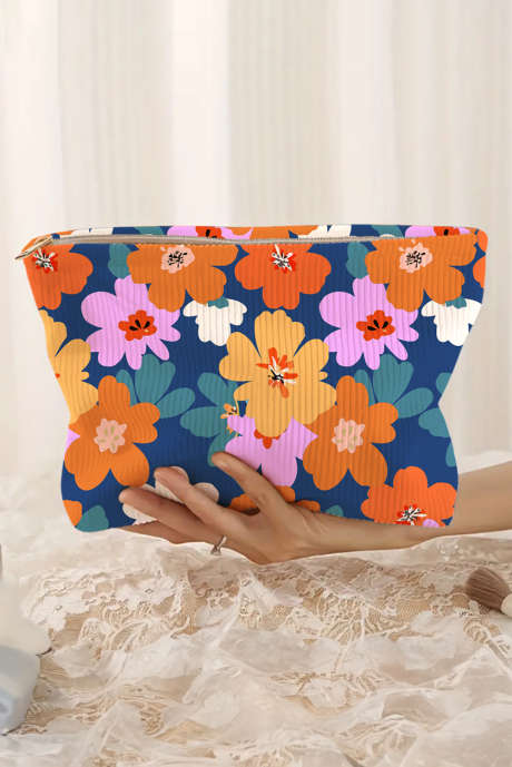 Ashleigh Blue Flower Print Zipper Κοτλέ μεγάλη καλλυντική τσάντα