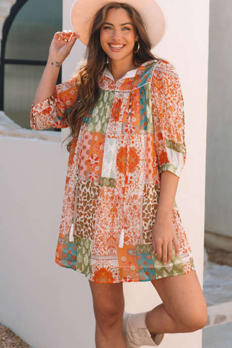 Vestido suelto de gasa con manga 3/4 y estampado mixto de Paisley bohemio naranja