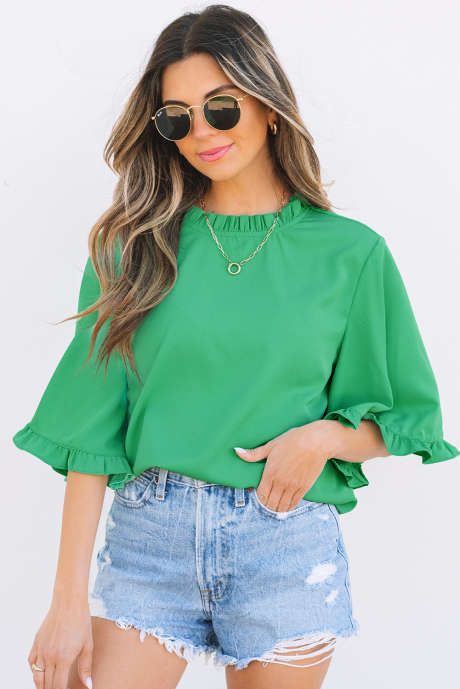 Green Frilly Round Neck Wide Half Sleeve Blouse LC25130344-P9