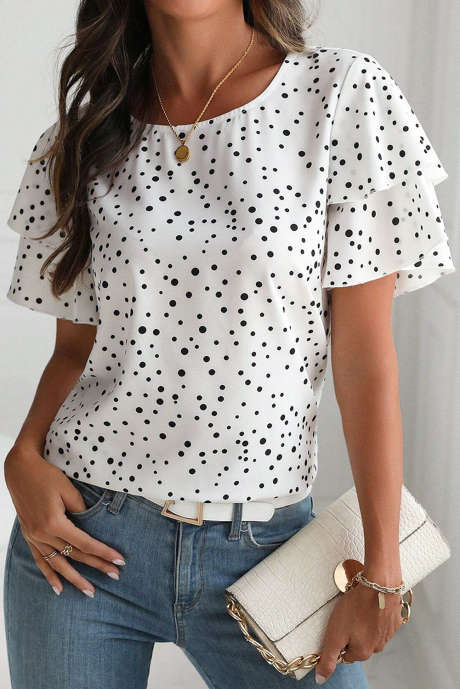 White Dalmatian Print Layered Ruffled Short Sleeve Blouse