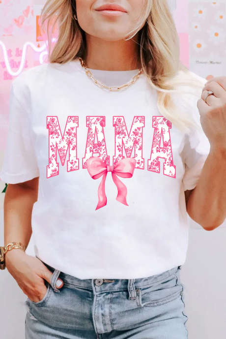 Camiseta estampada com laço e letras MAMA floral branca