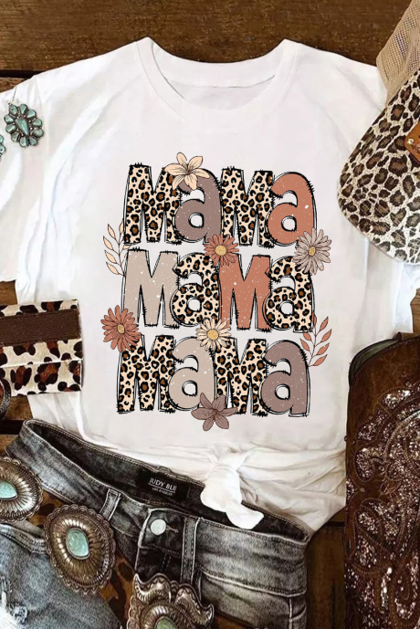 Valkoinen kukka Leopard MaMa Graphic Mothers Day T-paita
