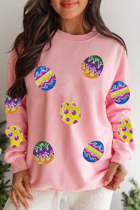 Pink Easter Egg Patched Graphic Drop Shoulder Pullover Sweatshirt