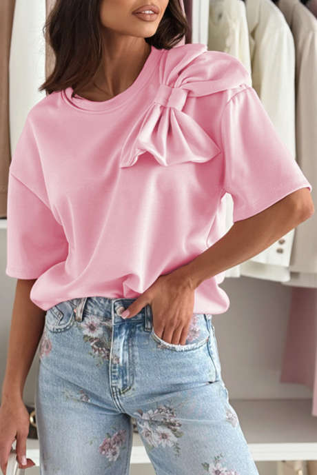 Pink Bow Applique Half Sleeve T-paita