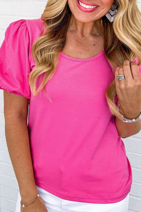 Erdbeerrosa lässiges Rundhals-T-Shirt mit Puffärmeln