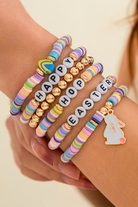 Pulsera elástica multicapa con cuentas y letras de Feliz Pascua doradas
