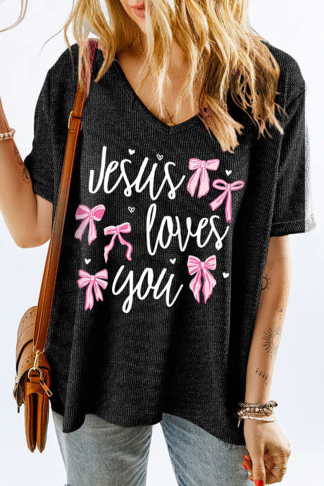 Blue Jesus Loves You Bow Knot Print V Neck Waffle Knit Loose T Shirt