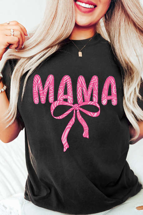 Schwarzes MAMA T-Shirt mit Rundhalsausschnitt und Schleife, Grafik LC25228671-2
