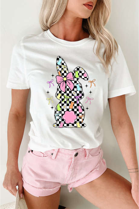 Maglietta pasquale con coniglietto a scacchiera e fiocco bianco