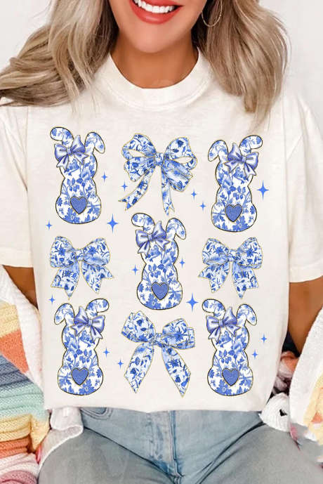 T-shirt alla moda pasquale con grafica coniglietto fiocco bianco