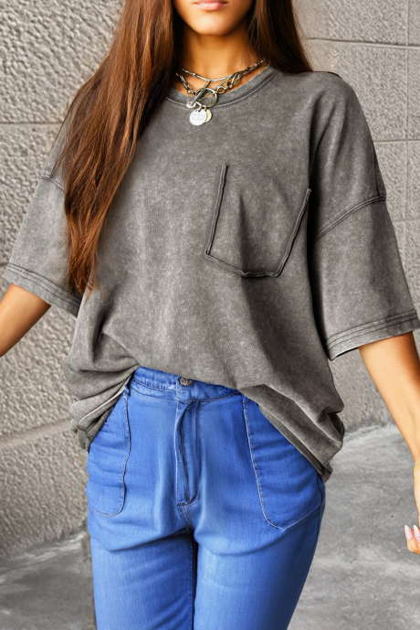 Filippijnse grijze minerale wassing half mouw vriendje vintage T-shirt