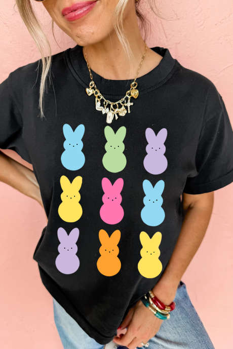Black Easter Rabbit Print Crew Neck T Shirt