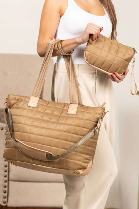 Ensemble 2 pièces grand sac fourre-tout et pochette patchwork matelassé Camel