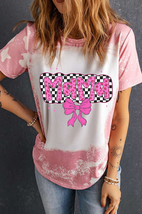 Rosa kariertes MAMA-T-Shirt mit Batikmuster und Schleife LC25228658-10