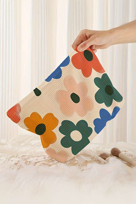 حقيبة تخزين بسيطة من قماش مخملي مطبوع عليها زهور باللون الأبيض BH031486-P101