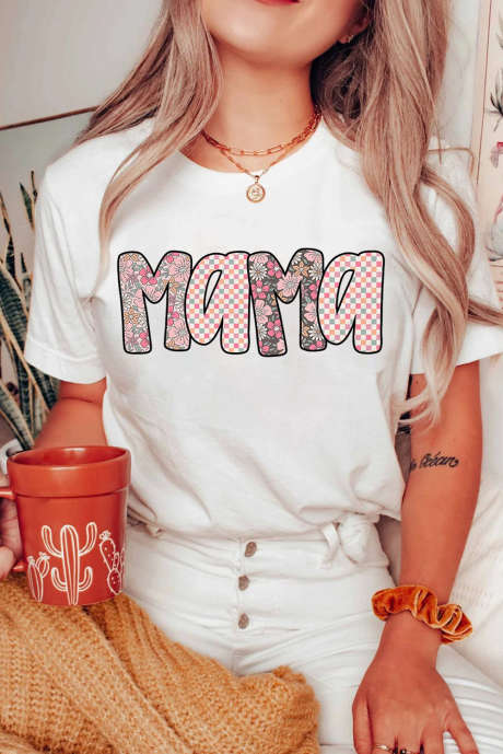 Weißes T-Shirt mit Rundhalsausschnitt und kariertem Blumenmuster „MaMa“ Grafik LC25228667-1