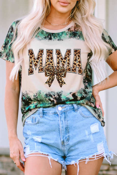T-Shirt mit Leoparden-Batikmuster und MAMA-Schleifen-Print, Grafik LC25228659-20