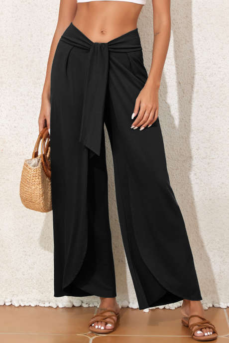 Pantalón negro holgado con cintura baja y abertura en la pierna, anudado, LC421858-P2