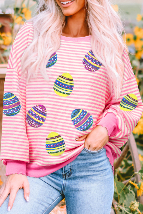 Top a maniche lunghe con spalle scese e paillettes a righe rosa a forma di uovo di Pasqua