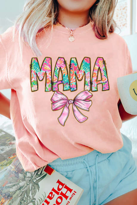 Maglietta girocollo con stampa floreale rosa MAMA Bowknot