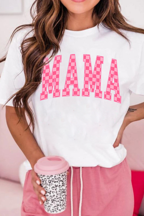 Hvit rutete MAMA Letter Graphic T-skjorte