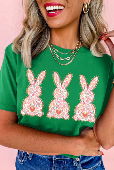 Bright Green Easter Floral Rabbit Print Crew Neck T Shirt