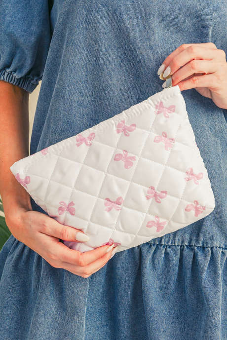 Vit rosett knuttryck dragkedja Quiltad stor kosmetisk väska