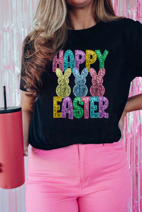 T-shirt graphique noir à paillettes avec motif de lapin HAPPY EASTER LC25228695-2