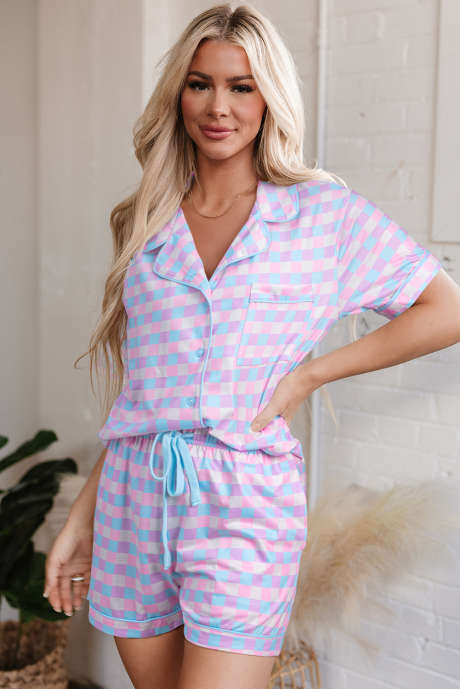 Paars geruit patroon korte mouwen pyjama set
