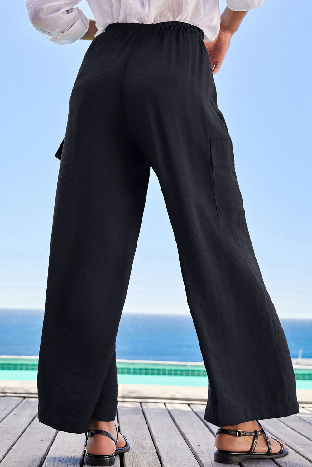 【DEARMINE】Dear String Wide Slacks $7.4 Black Drawstring Frilled Waist Wide Leg Utility